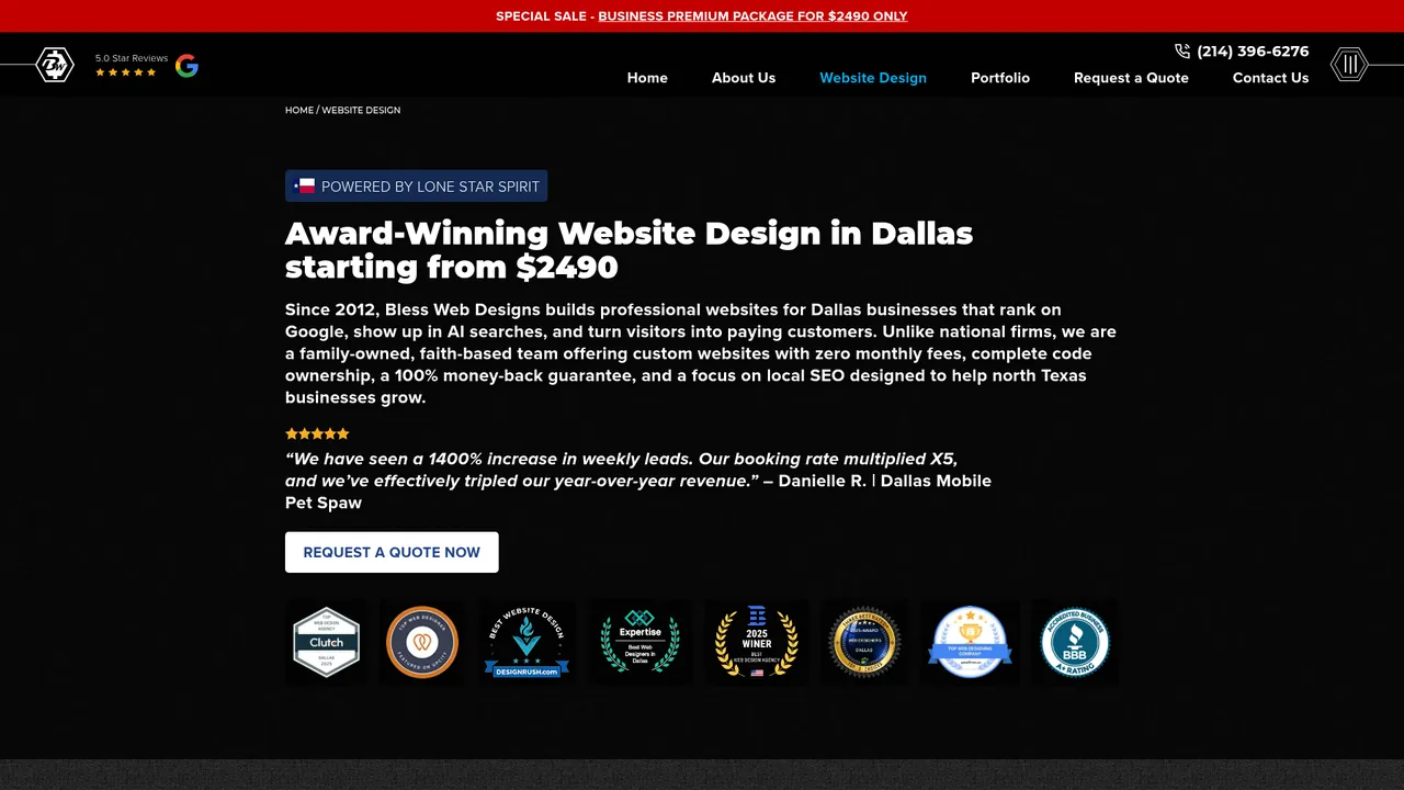 Screenshot of Bless Web Designs' Dallas website design page