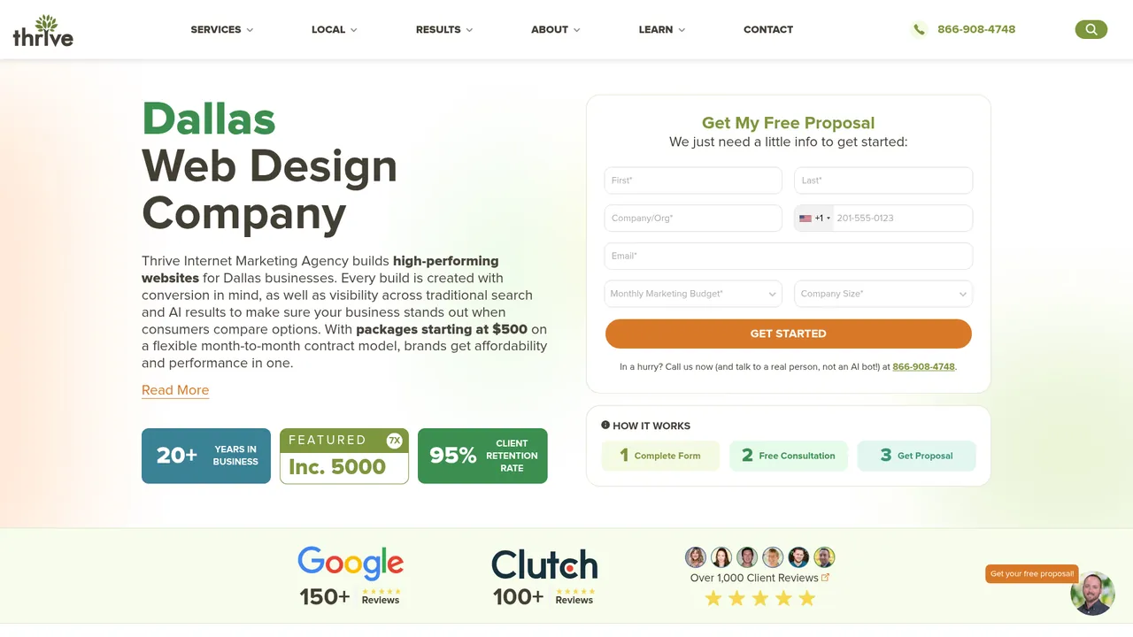 Screenshot of Thrive Internet Marketing Agency's Dallas web design page