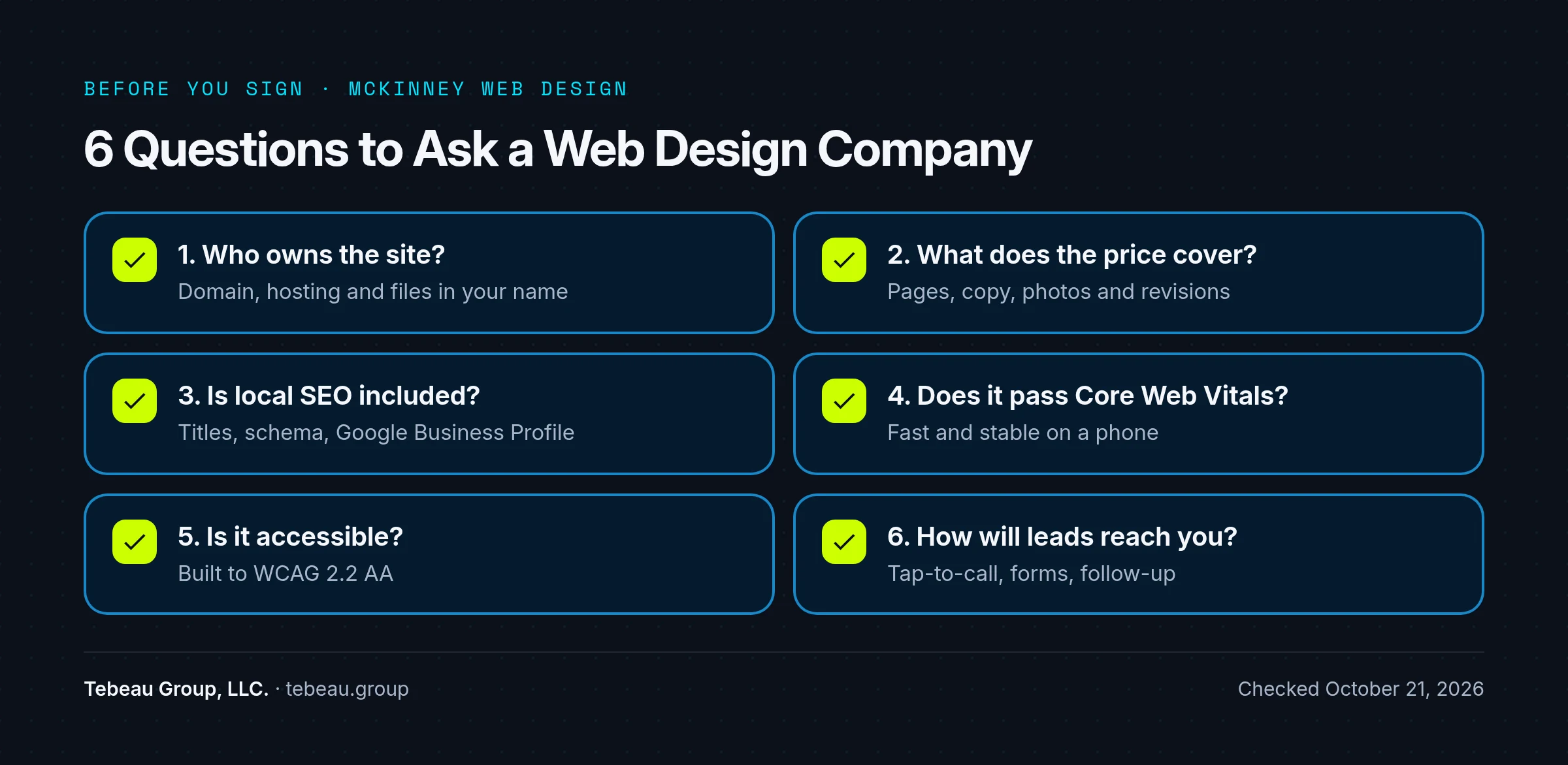 Checklist of six questions to ask a McKinney web design company, from site ownership to how leads reach you