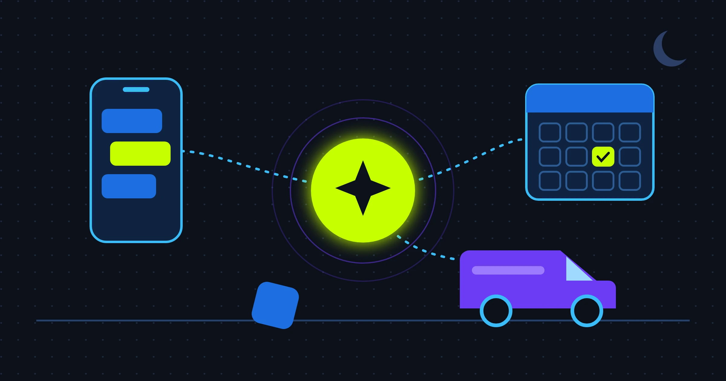 Illustration of a glowing assistant icon linking a phone, a calendar and a service van at dusk