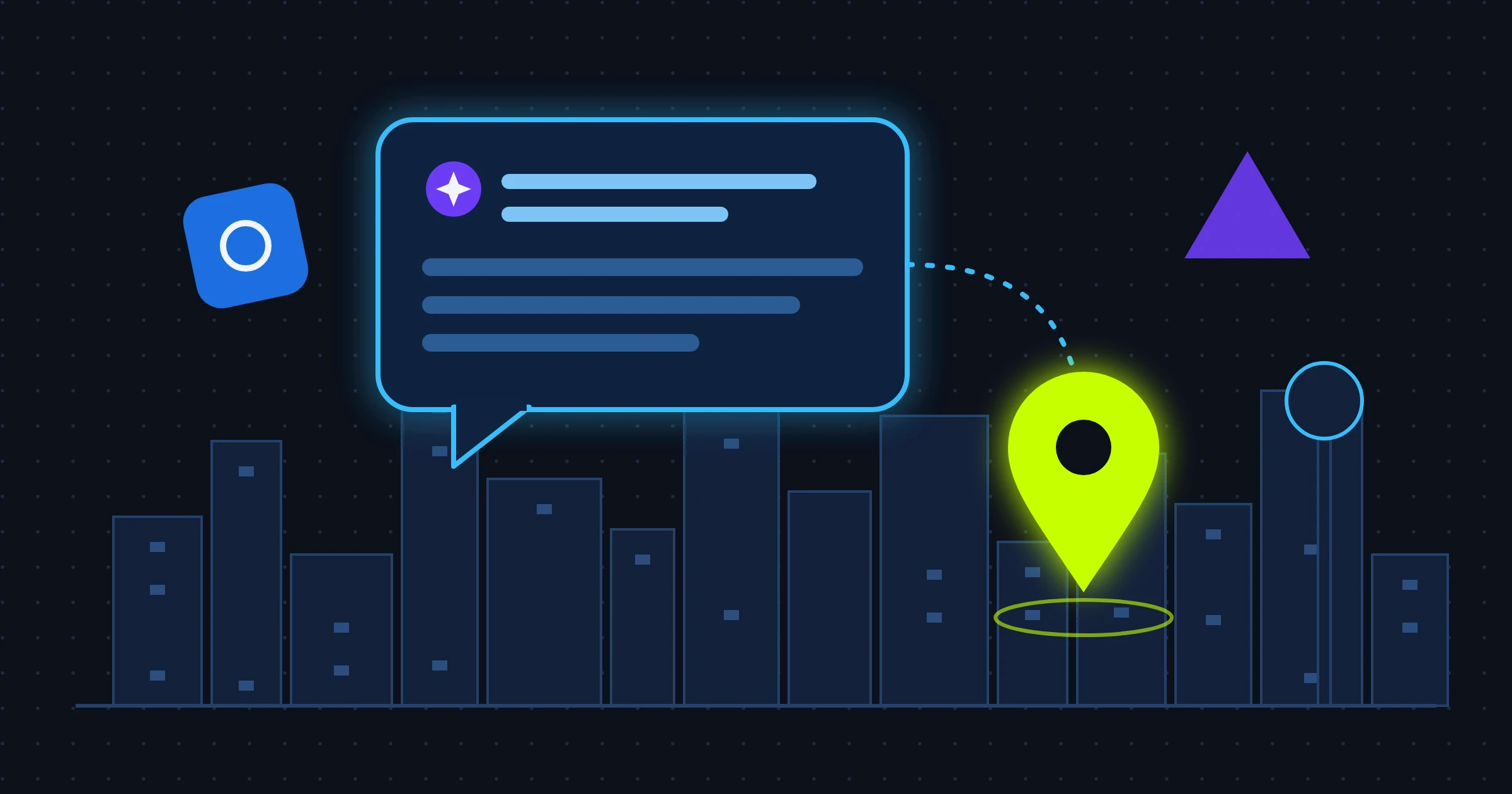 Abstract illustration of a chat-style answer card pointing to a map pin over a stylized Dallas skyline