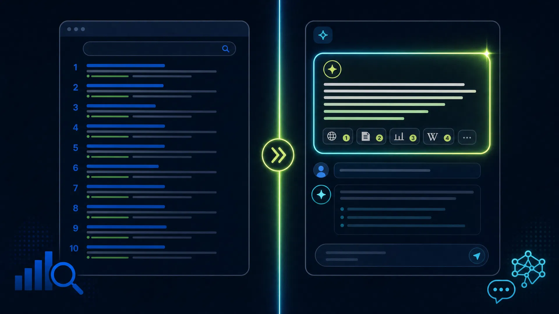 GEO vs SEO comparison — traditional 10 blue links search results on the left versus AI-generated answer box with cited sources on the right