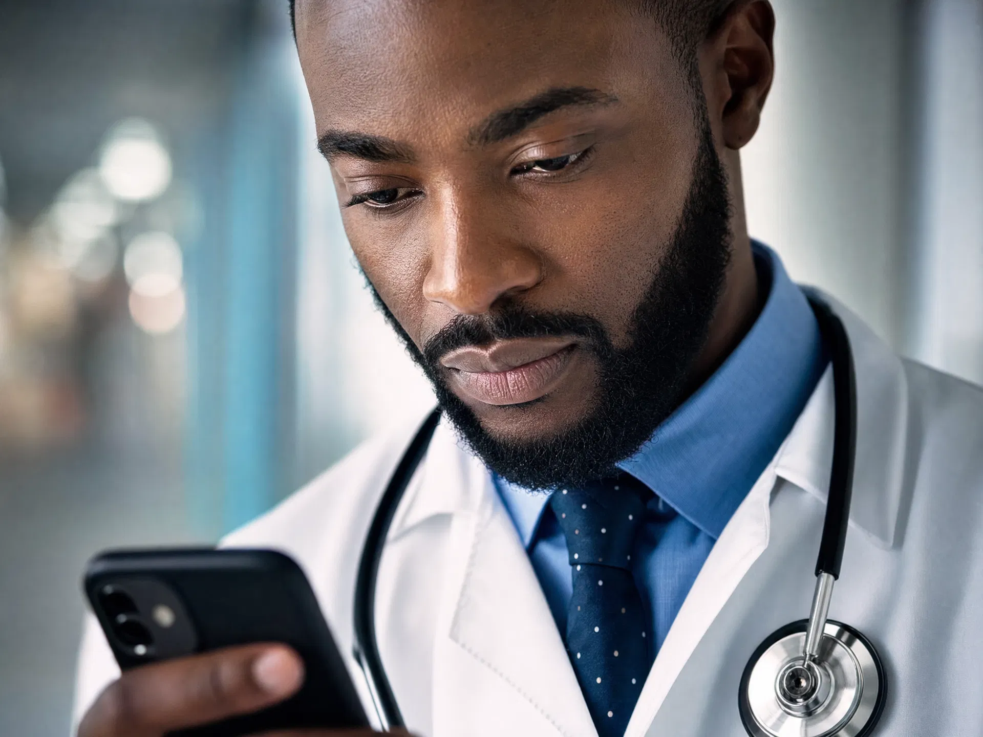 Doctor reviewing patient data on smartphone