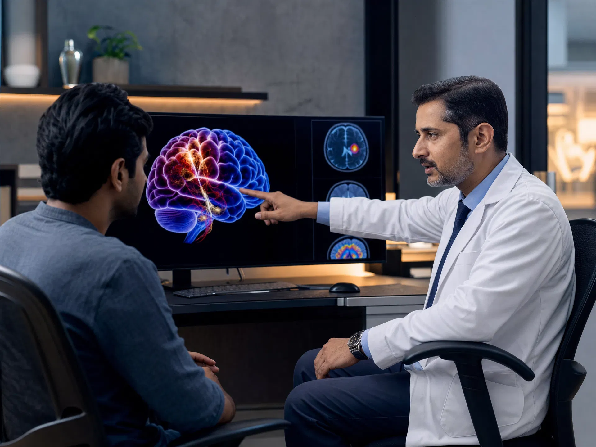 Doctor consulting with patient while reviewing brain scan