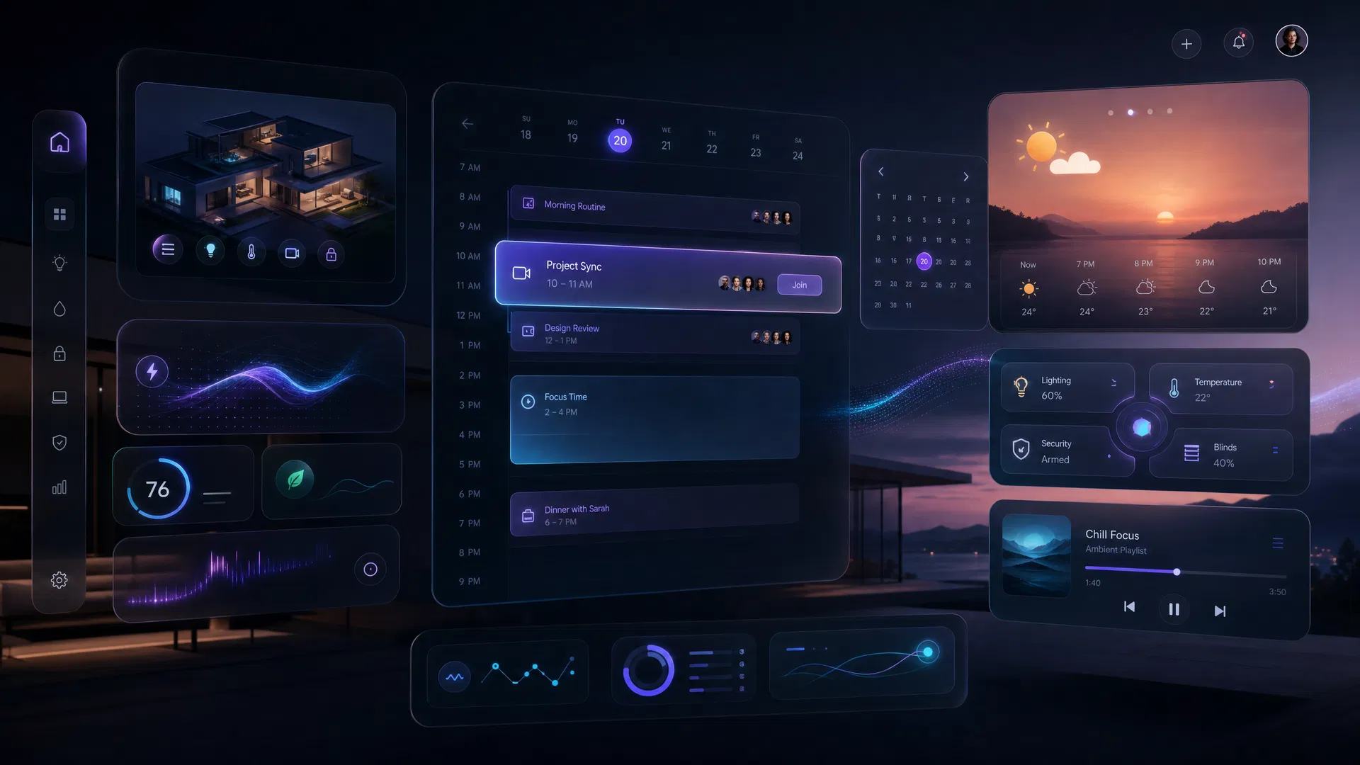 Ambient intelligence UI dashboard that adapts to time of day and user context
