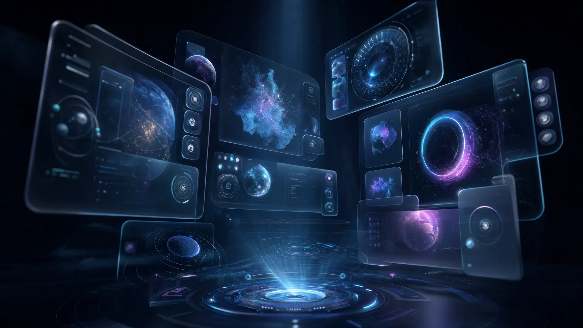 Spatial UI design with 3D floating glass panels and depth layers