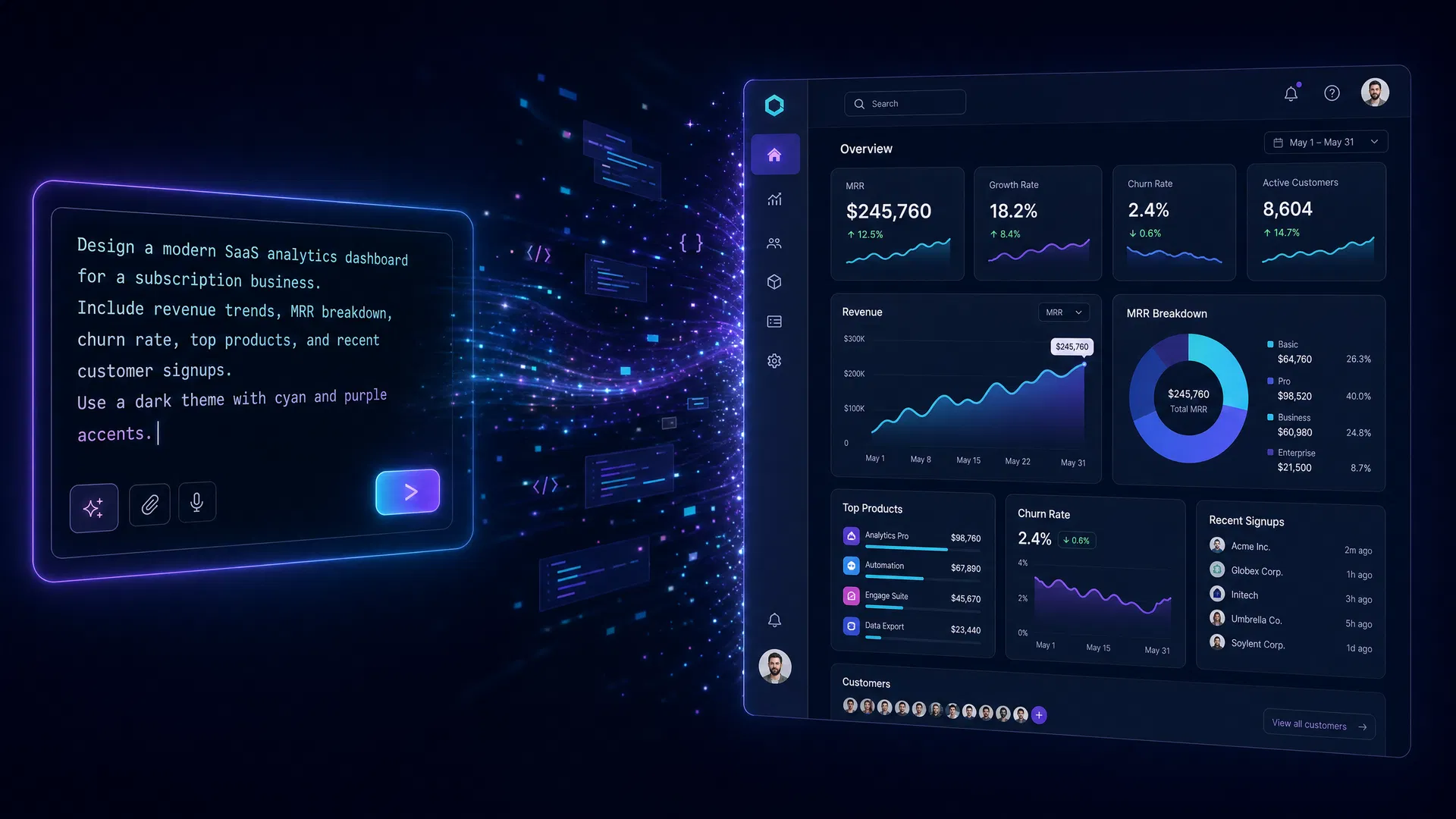 AI-generated UI design showing a prompt generating a SaaS dashboard instantly
