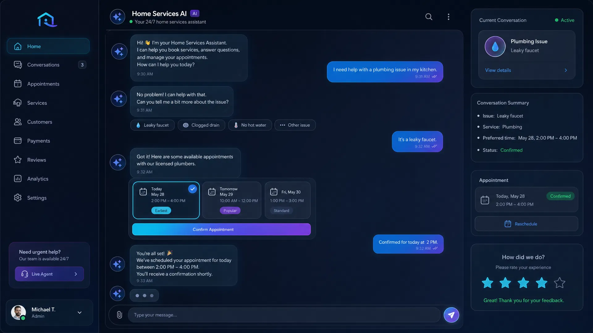AI chat interface for home services showing appointment booking and quick-reply chips